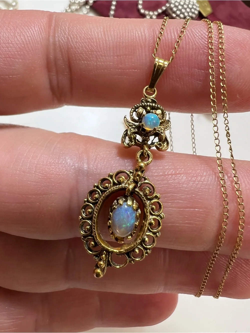 Antique 14K yellow gold with opals pendant necklace - Picture 4 of 15